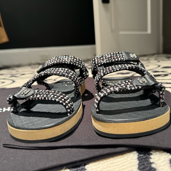 Chanel - Tweed Lambskin Crystal CC Slingback Sandals in Black Multicolor - Picture 7 of 12